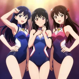 unbelievably beautiful, perfect, epic 8 k hd anime shot, three j - pop idols av actresses in japanese girl band, posing together in leotards. volumetric light. by amagaitaro, makoto shinkai, krenz cushart, asao urata, pixiv