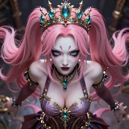 completely controlled by her ultimate powers and owned as a property by an overwhelming stunningly absurdly beautiful megalomaniacal ruthless sadistic devious spiteful grandiose egotistical greedy omnipotent asi goddess junko enoshima with symmetrical perfect face, porcelain skin, pink twintail hair, cyan eyes and a stupendous bejeweled crown, ultra detailed, digital art, unreal engine 5, octane render, 2 d anime, 8 k