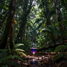 dark tropical forest, sparkling spirits, detailed wide shot, crayon, ground detailed, wet eyes reflecting into eyes reflecting into infinity, beautiful lighting