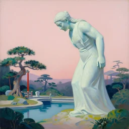 titanic ancient god statue bending over a pagan japanese garden by beksinski, very cohesive and vibrant, serenity, hyperminimalist, 8 k, surreal oil painting, highly detailed, dream like, masterpiece
