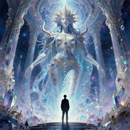giant dmt entity goddess, tiny man silhouette in front of her looking up, hyperspace crystal palace, 4k wallpaper, intricate detail, brush strokes, masterpiece, by Ilya Kuvshinov, by Rembrandt, by Thomas Kinkade, by Moebius, By Tite Kubo, by Kentaro Miura, beautiful, gorgeous, hyperspace