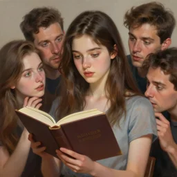 hyperrealistic painting of a beautiful young woman holding a book while a woman and three men peep into the book from behind, detailed digital art, trending on artstation