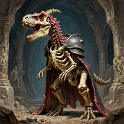 A little vibrant. A spiked horned detailed tyrannosaurus-semihuman skeleton with armored joints stands in a large cavernous citadel with a pebble in hands. Wearing massive shoulderplates, cloak. Extremely high details, realistic, fantasy art, solo, masterpiece, bones, ripped flesh, colorful art by Zdzisław Beksiński, Arthur Rackham, Dariusz Zawadzki, Harry Clarke