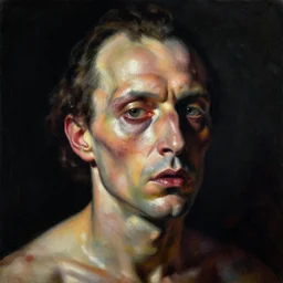 refined gorgeous colorful blended oil painting with black background by christian rex van minnen rachel ruysch dali todd schorr of a chiaroscuro portrait of an extremely bizarre disturbing mutated man with shiny skin acne intense chrome reflections chiaroscuro cast shadows obscuring features dramatic lighting perfect composition masterpiece