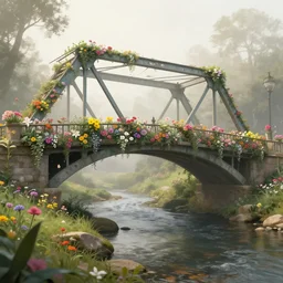 matte painting of an old mason bridge decorated with flowers alongside above a small river stream, realistic, 4 k, artstation, dreamy, fog, volumetric lighting n 4