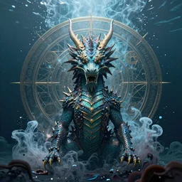 a centered render of an ancient futuristic dragon with digital modifications surrounded by a underwater ink pour and flowing liquid gallium and complex sacred geometry, perfect body and face, powerful, cinematic, beautifully lit, by beeple, by artgerm, by karol bak, 3 d, trending on artstation, octane render, 8 k