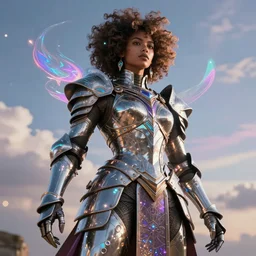 a beautiful majestic impressive strong warrior in metal armour, intricate, afrofuturism, detailed, beautiful, colorful, lights, holographic, stunning, epic sky