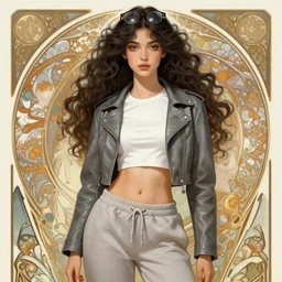 girl in very short white! top and very short gray! leather jacket, open belly, long dark curly hair, glasses at the top of head, high waist sweatpants, intricate, elegant, highly detailed, digital painting, artstation, concept art, smooth, illustration, art by artgerm and greg rutkowski and alphonse mucha