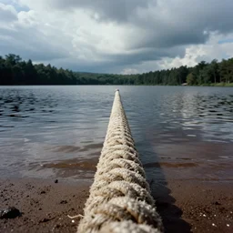 centered photograph of a single line of big thick long beige rope floating on the surface stretching out to the center of the lake, a dark lake sandy shore on a cloudy day, color film, trees in the background, hyper - detailed color photo, anamorphic lens