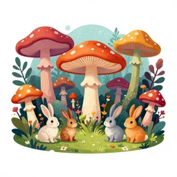 psychedelic mushrooms in an enchanted forest with bunnies wide angle shot, white background, vector art, illustration by frank frazetta and salvador dali