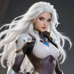 gorgeous amazon woman, white long messy hair and blue eyes, overwatch style, arcane, highly detailed, digital art, pixiv fanbox, trending on artstation, ray tracing, volumetric lighting, sharp focus, hq, by artgerm, wlop, greg rutkowski, miyazaki hayao