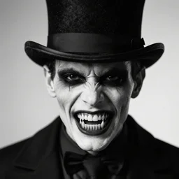 black and white photo of a disturbing humanoid with sharp teeth and black eyes wearing a top hat