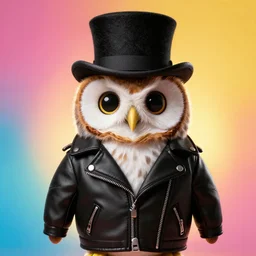 cute owl wearing black biker jacket, portrait photo, backlit, studio photo, background colorful, tophat
