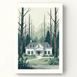 socialmodersist estate in the midle dead forest, architecture, screen print, poster