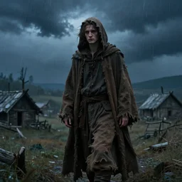 a melancholic wandering wizard in his 20s, dressed in a ragged, dirty brown traveling cloak. The background is a poor village in the thunder storm, high detail, photorealistic, cinematic lighting, blue tones, fantasy concept art by Anastasia Lerno and Anastasia Ovchinnikova, trending on ArtStation.