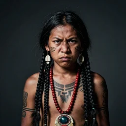 portrait of hopi shaman, 3 0 yo, angry look, tattoos, dark background, studio light, hdr, nikon 2 4 mm f / 1. 8 g, by sebastiao salgado