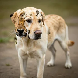 a hybrid between a yellow lab and a panther, friendly but menacing