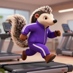 epic professional digital art of a cartoon. anthropomorphic anteater in a purple track suit running on a treadmill,, best on artstation, cgsociety, wlop, Behance, pixiv, astonishing, impressive, outstanding, epic, cinematic, stunning, gorgeous, much detail, much wow,, masterpiece.