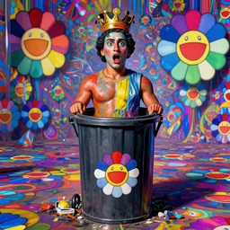 garbage can, by diego rivera, by takashi murakami, unreal engine, hyperspectral imaging, dslr, shutter speed 1 / 2, kinemacolor, hyperprism, excited, angelic, good, chromatic aberration, crazy dmt trip