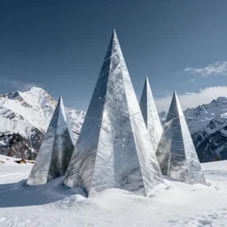 silver metal pyramids high up in the snowy mountains