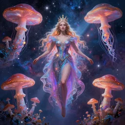 portrait of queen of dreams, extremely beautiful is floating and merging among many nebula stars with lots of gigantic mushrooms and jellyfish, symmetrical composition, by gediminas pranckevicius, rafal olbinski, rob gonsalves, vladimir kush, digital painting, octane rendered, crepuscular rays, neon colors vibrant colors, trending on artstation