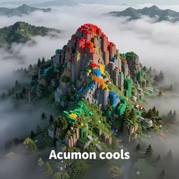 “ aerial view of a mountain, fog on the ground, voxel, vibrant colors ”