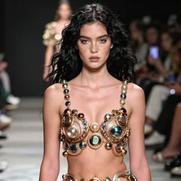 olivia wearing an outfit made from rings, at new york fashion week, lush black hair, freckles, attractive sporty physique, pale skin, portrait by greg rutkowski, stage lighting, soft colors, female beauty, intricate detail, risque fashion, elegance, 3 5 mm, depth of field, masterpiece