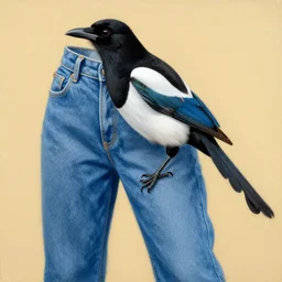 a eurasian magpie wearing in pants, jeans, denim, levis, painting