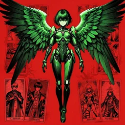 by katsuhirootomo and dan mumford and kishiro yukito and trending on artstation, a beautiful japanese manga, centered composition, black and green tone, a jaeger girl, angel, symmetrical features, full body jaeger, hd, exquisite detail, red paper + detailed detail work + tarot cards, cyberpunk style, hd, high contrast, unreal engine, 4 k, exquisite detail