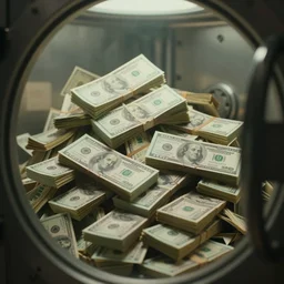 a film still of cash money piling up in a vault, shallow depth of field, cinematic, award winning cgi, vfx, film still cfg _ scale : 9. 0
