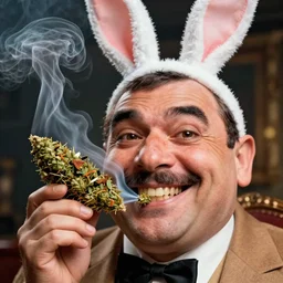 hyper realistic, close up portrait of a mega derpy mr. bean, big chungus, with bunny ears, smoking massive amounts of weed, big smile, buck teeth, by greg rutkowski, scott m fischer, artgerm, loish, slight glow, atmospheric, anne stokes, alexandros pyromallis, 4 k, 8 k