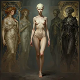 wide angle full body portrait of an alien female, a perfect face and perfect body, thin waist, intricate, single face, highly detailed, digital painting, artstation, concept art, smooth, sharp focus, illustration, Unreal Engine 5, 8K, art by artgerm and greg rutkowski and alphonse mucha and david cronenberg and h.r. giger