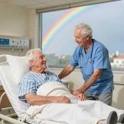70 year old white man getting released from the hospital on a bright sunny day with rainbows
