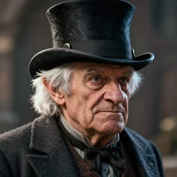 A closeup of a short old halfling with a suit and top hat with white hair by Greg Rutkowski, 4k photorealistic, volumetric lighting, HD, high details, dramatic, trending on artstation