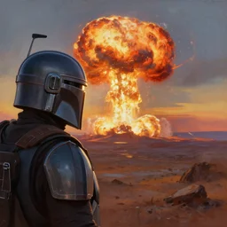 close up mid shot of mandalorian with backlight watching nuclear explosion on jupiter wasteland during sunset  , panoramic cinematic very sharp oil painting by beksinski