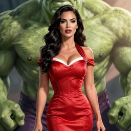 meghan fox as she - hulk in dress, digital art, beautiful, pin up,