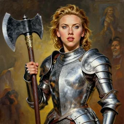 A painting of Scarlett Johansson wearing  a intricate silver armor  and holding a large battle axe ,by by Boris Vallejo , Julie Bell , Brom , Frank Frazetta , Jeff Easley, cinematic, Norman Rockwell ,trending on artstation , rule of thirds ,HD 4k , focus face , body