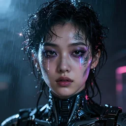 facial portrait of a korean future android with dark smeared makeup, wet curly hair, neon tears, sci - fi face tattoo, a dark cyberpunk background, lens flare, rain, deep focus, d & d, intricate, elegant, highly detailed, photo, artstation, blade runner, 8 k, sharp focus, octane, unreal engine 5, global illumination, radiant