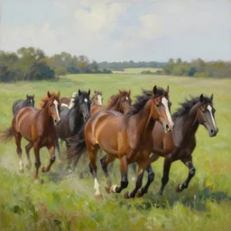 lots of horses running through the field, hyper realistic, more details, they might be crawling, original oil on canvas painting by sydney mount