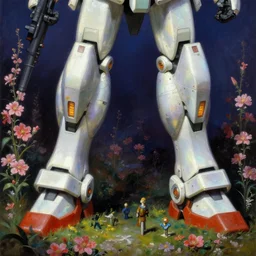iridescent vitrified gundam legs, blooming flowers. highly detailed fantasy science fic tion painting by moebius, norman rockwell, frank frazetta, and syd mead. rich colors, high contrast. artstation