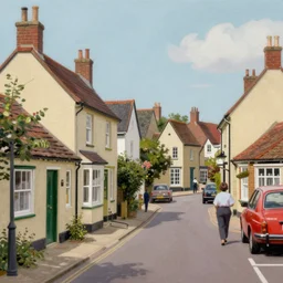 digital matte glossy painting nostalgic 1 9 5 0 s british village, detailed in the style of trevor mitchell