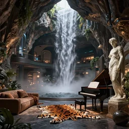 a futuristic apartment interior in the style of a waterfall cave, tiger skin carpet, grand piano, Greek marble statue, high ceiling, dark moody lighting, foggy atmosphere, 10mm lens, by Craig Mullins and frank lloyd wright and pixar animation, octane rendering
