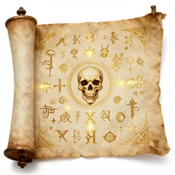 magical medieval scroll containing many complex gold inlay symbols and luminous sigils and one a single punisher skull emblem. detailed, high art, intricate, artisan