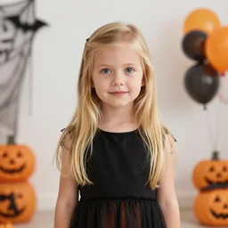 three year old girl with long blonde hair in a halloween scene. she is carrying a candy bucket. clean cel shaded vector art. shutterstock. behance hd by lois van baarle, artgerm, helen huang, by makoto shinkai and ilya kuvshinov, rossdraws, illustration, art by ilya kuvshinov