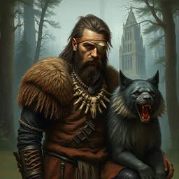 portrait of human savage barbarian warrior wearing ancient barbarian clothes and eye - patch and necklace made from human bones, big beast pet sitting next to him, forest temple in the background, illustration concept trending pixiv fanbox by wlop and greg rutkowski and caravaggio and rosa bonheur, and william harnett