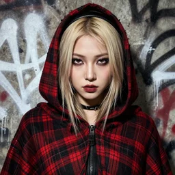 highly detailed closeup portrait of a sewer punk asian female assasin, tartan cloak, blonde hair with headband by atey ghailan, by greg rutkowski, by greg tocchini, by james gilleard, by joe fenton, by kaethe butcher, gradient red, black, brown and white color scheme, grunge aesthetic!!! white graffiti tag wall background