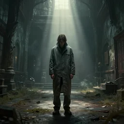 an man in a straight jacket vest in an eerie asylum, sad, loneliness, god rays, digital art, landscape, fantasy art, octane render, ureal engine, high detail, very realistic, by greg rutkowski. by james gurney