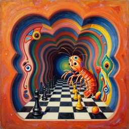 an extremely high quality hd surrealism warm painting of 4 d perspective neon complimentary - colors cartoon surrealism scalloped sculpture composition of zaha hadid biological anatomical peacock mantis shrimp by a much more skilled version of kandinskypicasso and salvia dali the fourth, salvador dali's much much much much more talented painter cousin, 8 k, ultra realistic, chess, tunnels