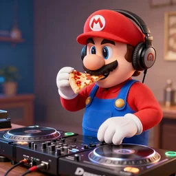 Mario eating pizza while wearing heaphones DJing with DJ turntables, unreal