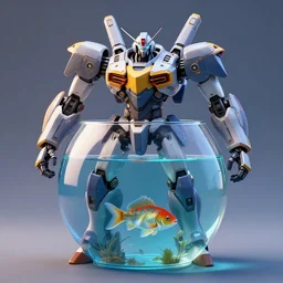 a fish bowl mecha with arms, we can also see a fish inside of it, photorealistic 3 d render, unreal engine